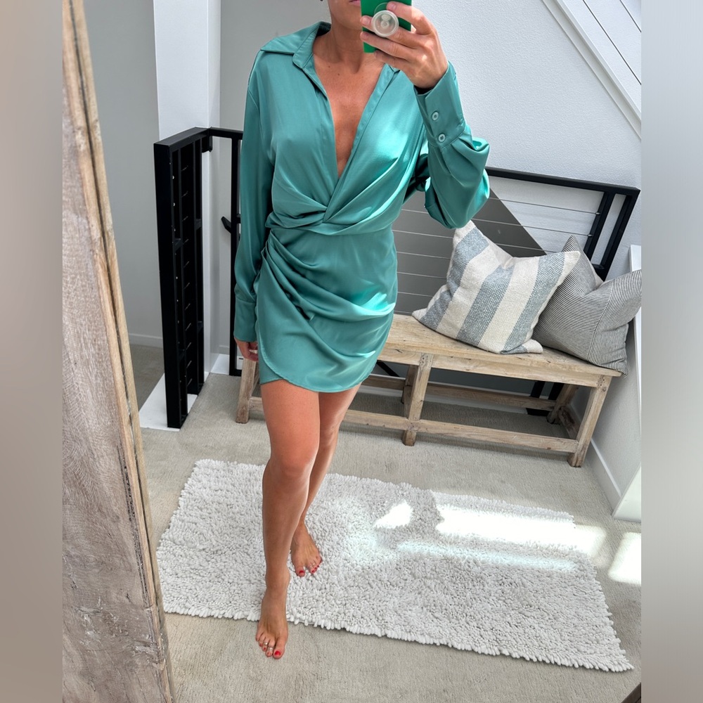 Edit By Nine Teal Satin Wrap Mini Dress • Long Sleeve Draped Formal Cocktail M